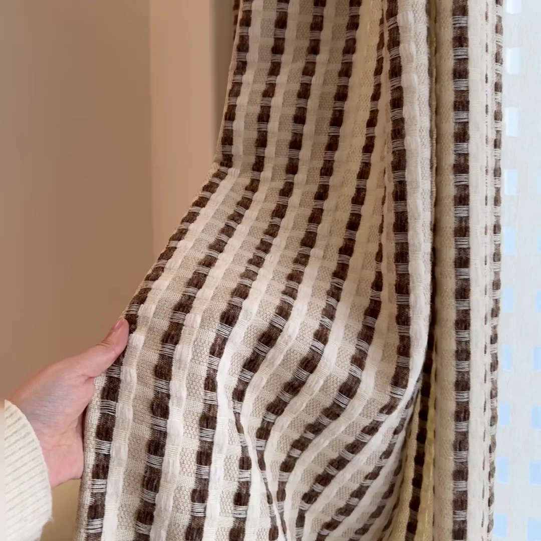 Retro coffee-colored vertical striped jacquard curtains, textured curtains, beige light-blocking curtains