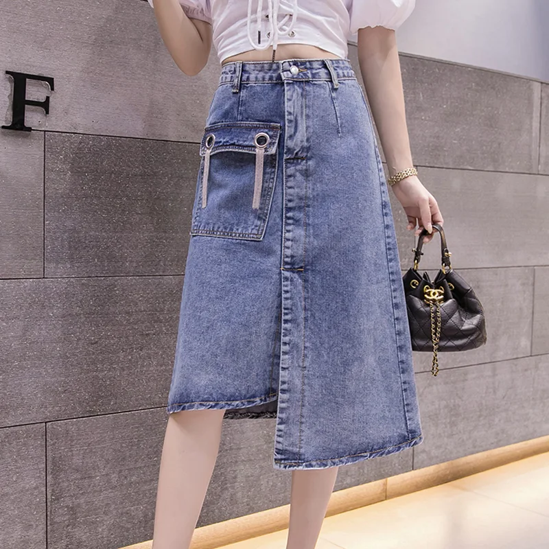 

Women High Waist Irregular Split Tassel Washed Denim Skirts Spring Chic Elegant Casual Mid-length Skirt with Pockets Harajuku