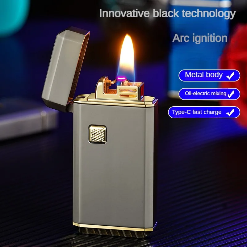 New Push-button Electronic Ignition Kerosene Lighter, Retro High-end Petrol-electric Hybrid Type-C Fast Charging Holiday Gift