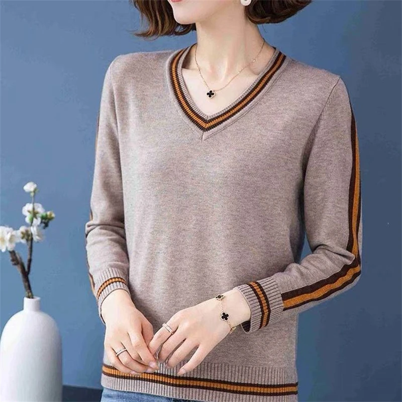 Women Korean Fashion Striped Patchwork Knitted Sweater Spring Autumn Casual V Neck Long Sleeve Pullover Tops Female Loose Jumper