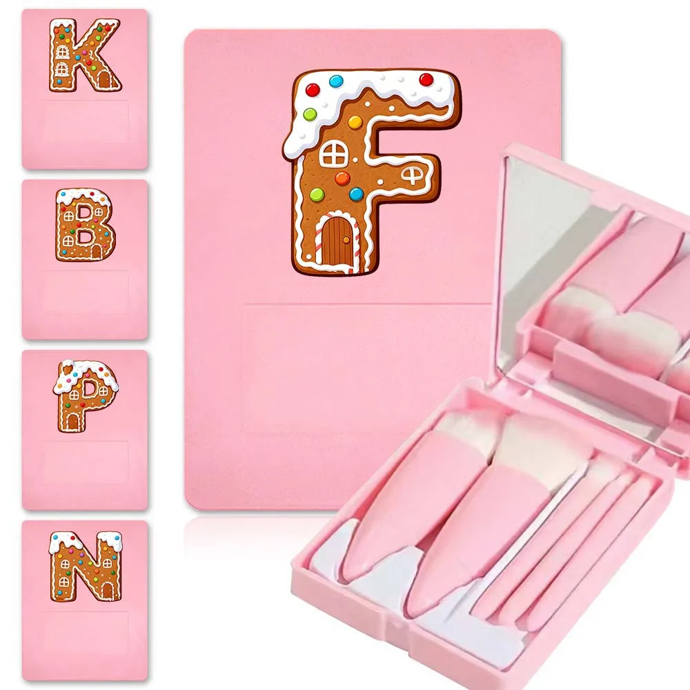 

5PCS Makeup Brush Set Multi-function Soft Hair Beauty Tool Square Storage Storage Box with Mirror Gingerbread Letter Pattern