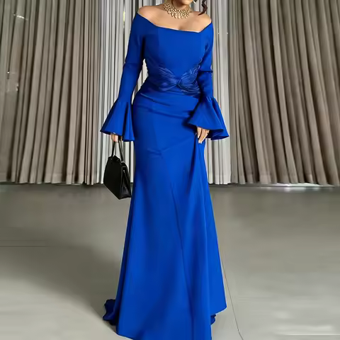 Lady Elegant Off Shoulder High Waist Dress Autumn Flared Sleeve Temperament Long Dress Casual Patchwork Slim Solid Evening Dress