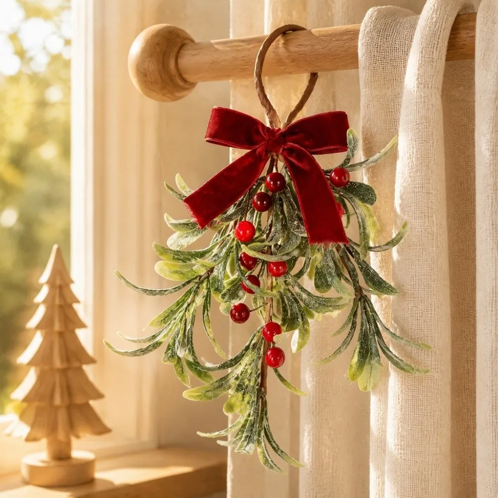 Lifelike Artificial Christmas Tree Wreath Red Berries Decorative Xmas Garland With Bowknot Artificial Pine Swag