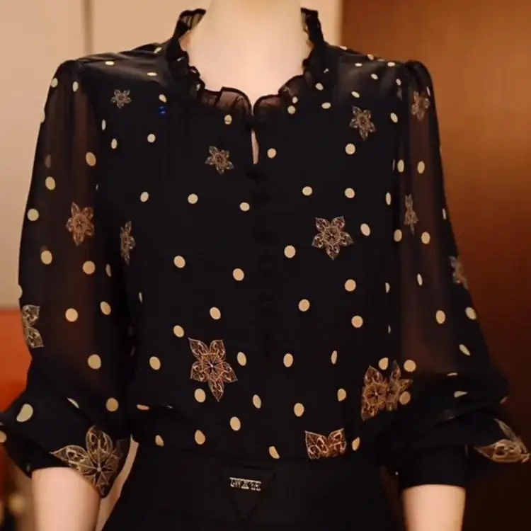 ربيع الخريف المرأة الشيفون irt طويلة Sve البولكا نقطة طباعة Ele بلوزة صغيرة أمي Faionable تي شيرت حجم كبير