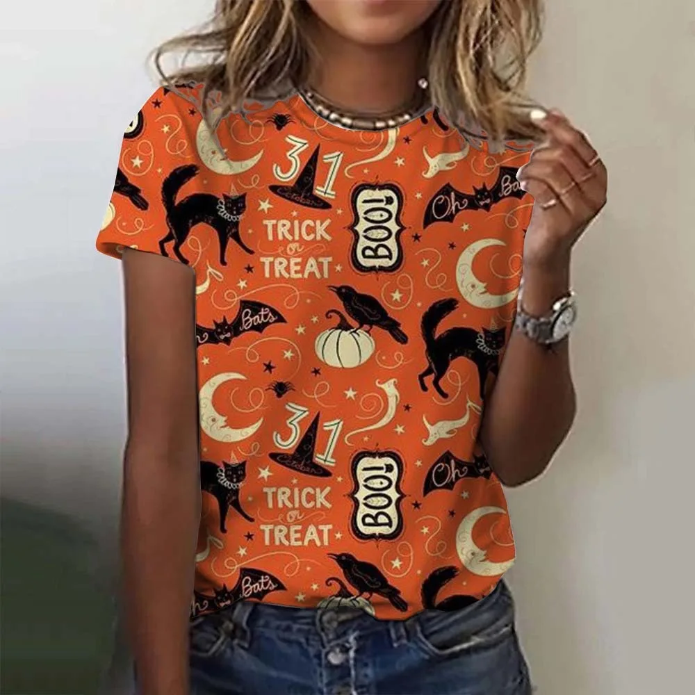 

Fashion Halloween Printed Breathable Comfortable Home Top for Women Street Beach Party Casual Round Neck Short Sleeved T-shirt