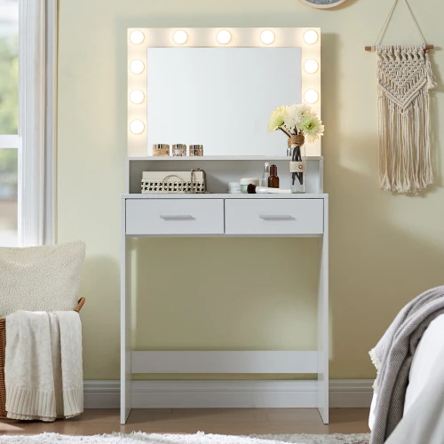 Wood Vanity Desk Mirror Lights Dressing Table Large Drawer 2 Level Storage Dresser 3 Lighting Modes Adjustable Brightness