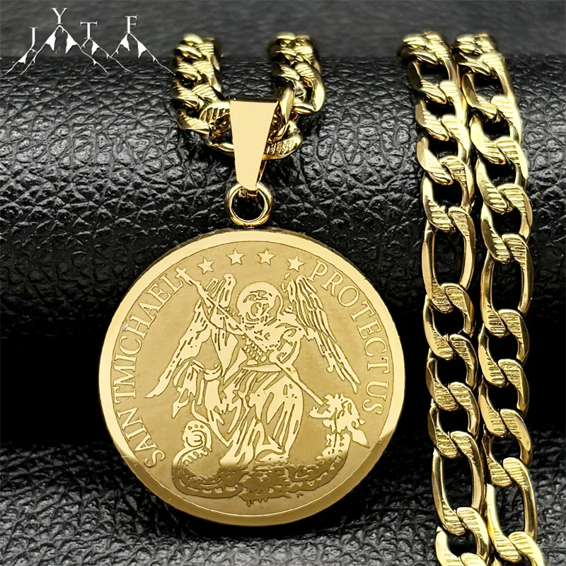 Saint Michael Protect Us Pendant Necklaces for Women Men Stainless Steel Gold Color Religious Amulet Hip Hop Chain Jewelry