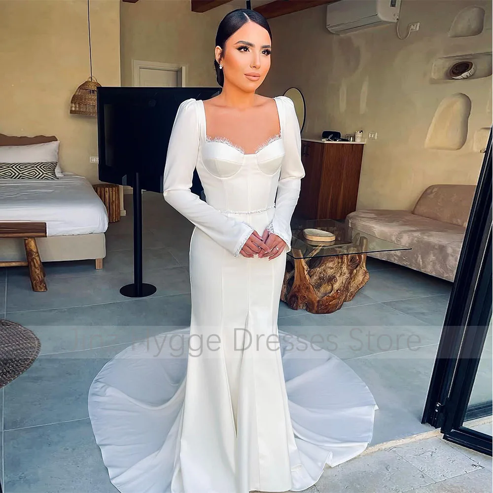 Simple Wedding Dresses 2023 Mermaid Lace Sweetheart Long Sleeves Wedding Gowns Beading Belt Trumpet Elegant Bridal Dress Ivory