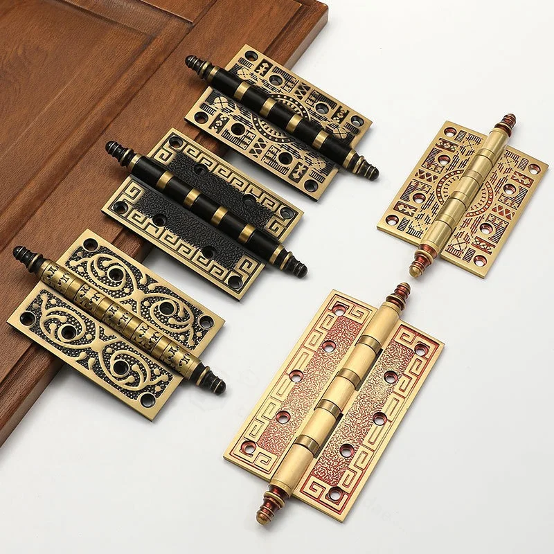 European Solid Brass Door Hinges, Silent Thick Hinges for Indoor Wooden Door, Retro Flat Opening Hardware