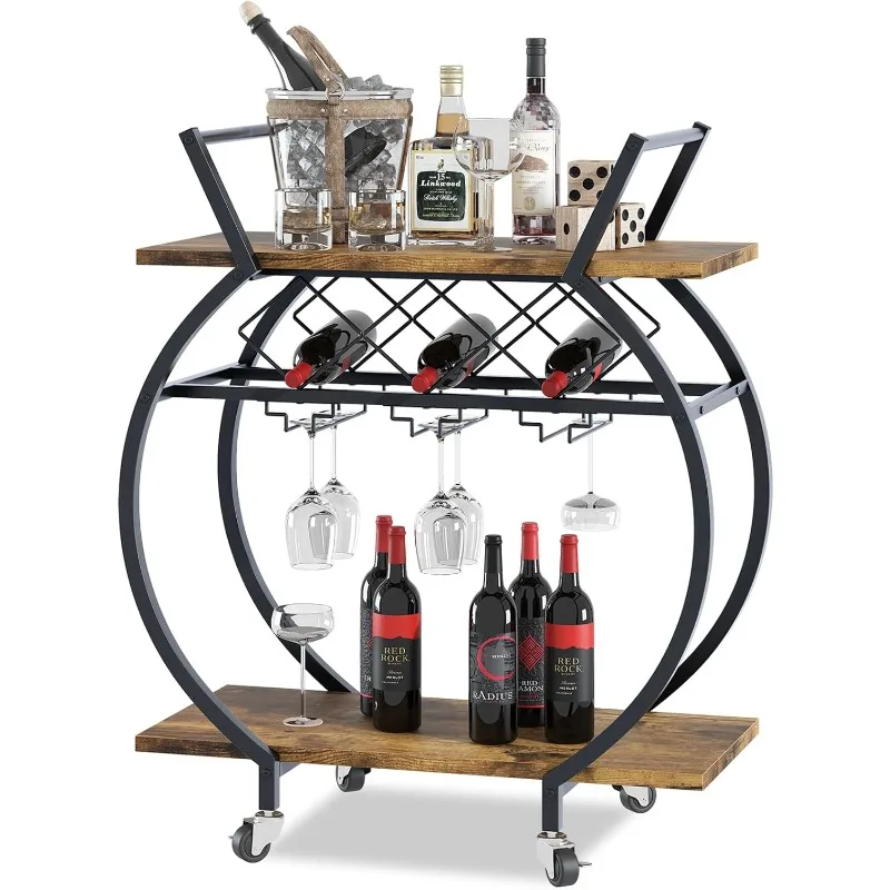 

FREE SHIP.Carts 2 Tiers Rolling Home Serving Cart with Wine Rack and Wheels,Modern Rustic Brown Metal Round Wine Cart,Industr