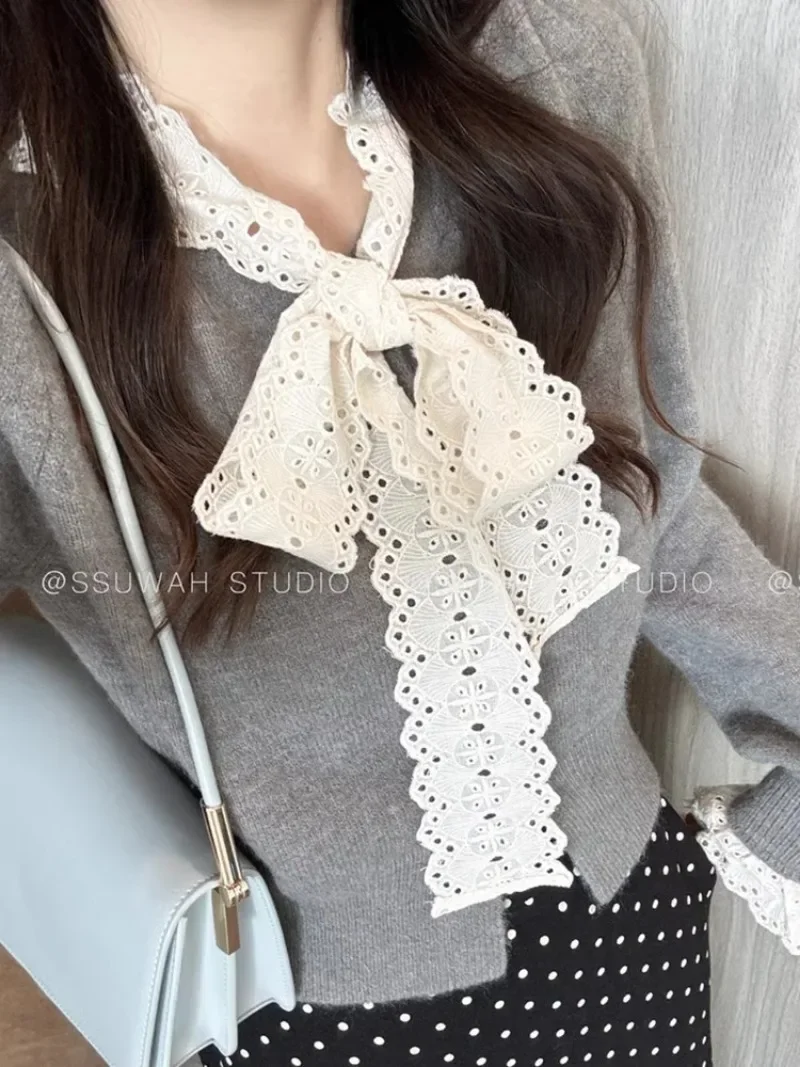 Cardigan Women Bow Lace Design Chic Patchwork All-match Korean Fashion Knitwear Casual Elegant Tender Temper Trendy Autumn Ins