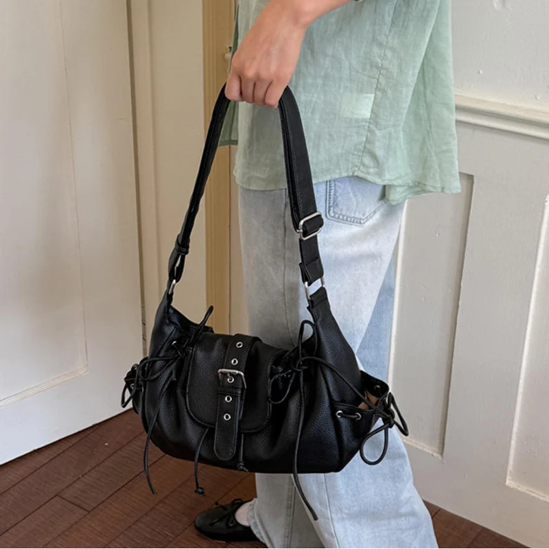 Retro Punk Y2K Drawstring Shoulder Bag Stylish Trendy Belt Buckle Motorcycle Bag Simple Versatile Handbag Commuter Tote Bags