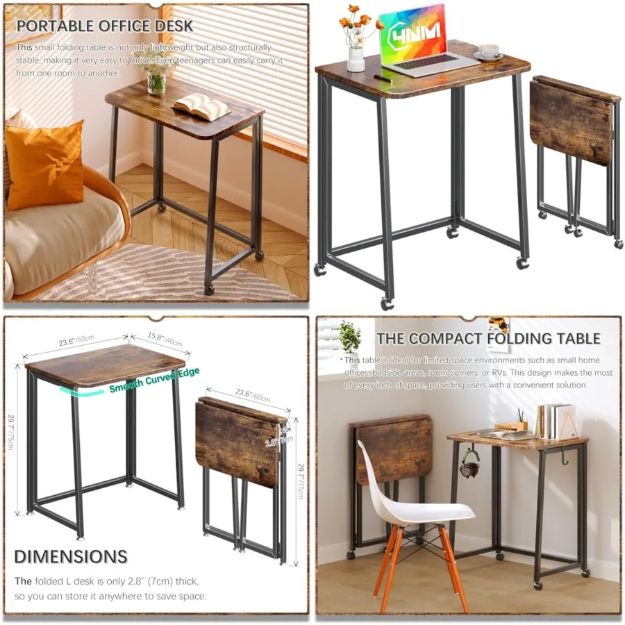 

23.6" Mobile Small Folding Desk, Foldable Rolling Computer Home Office Desk, Study Writing Table for Small Space Saving Bedroom