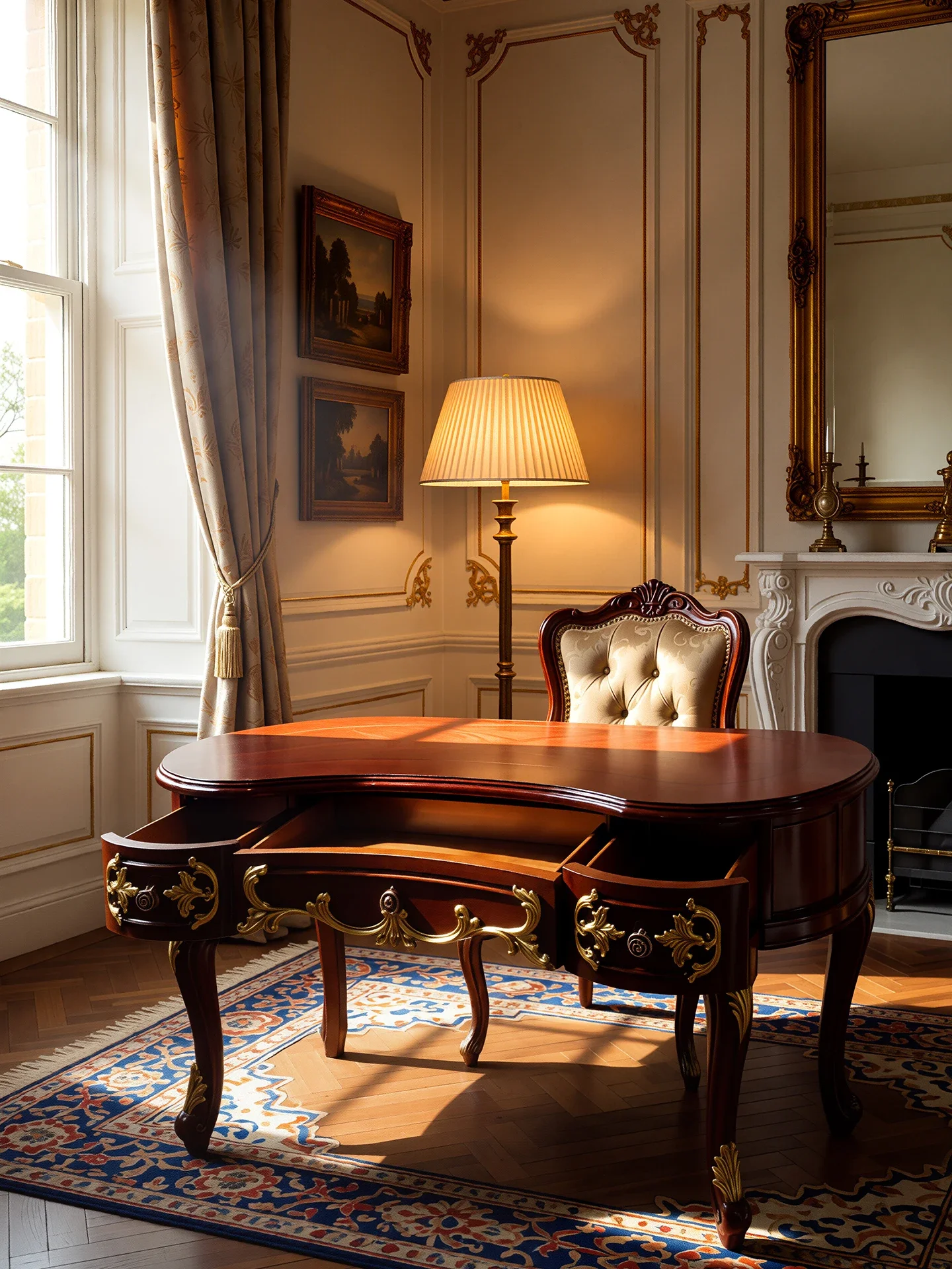 French solid wood curved desk with drawers writing desk home bedroom study European-style desk carved