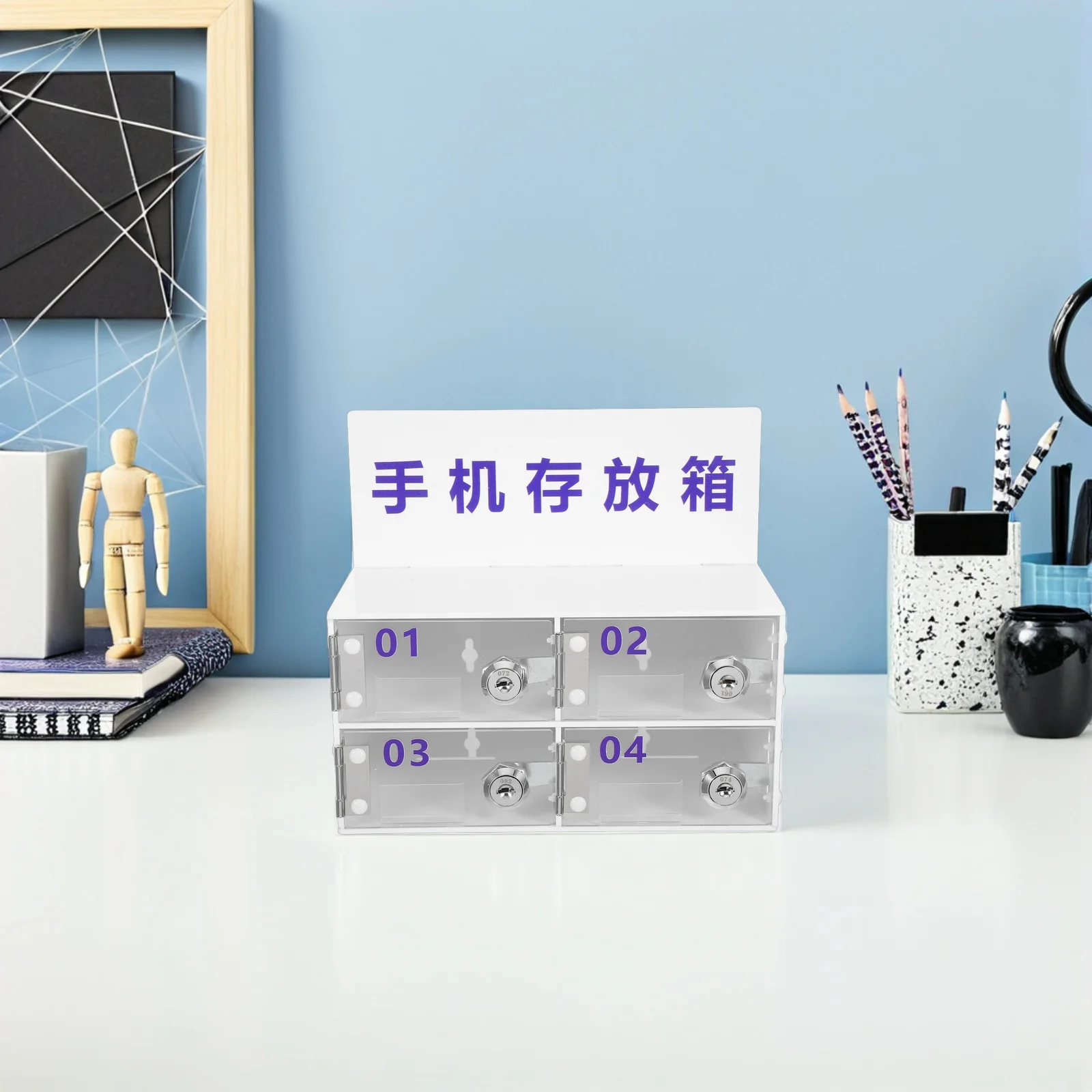 Phone Storage Cabinet 4 Compartment Acrylic Organizer with Lock System for Workplace School Cell Phone Management Container