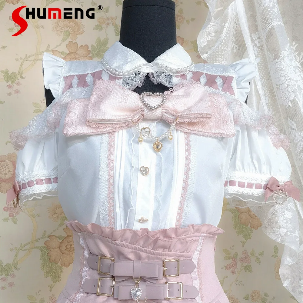 

Japanese Mine Style Sweet Lolita Shirt Skirt Set Collar Bow Off-shoulder Short Sleeve Top High Waist PU Buckle Pink Skirts Women
