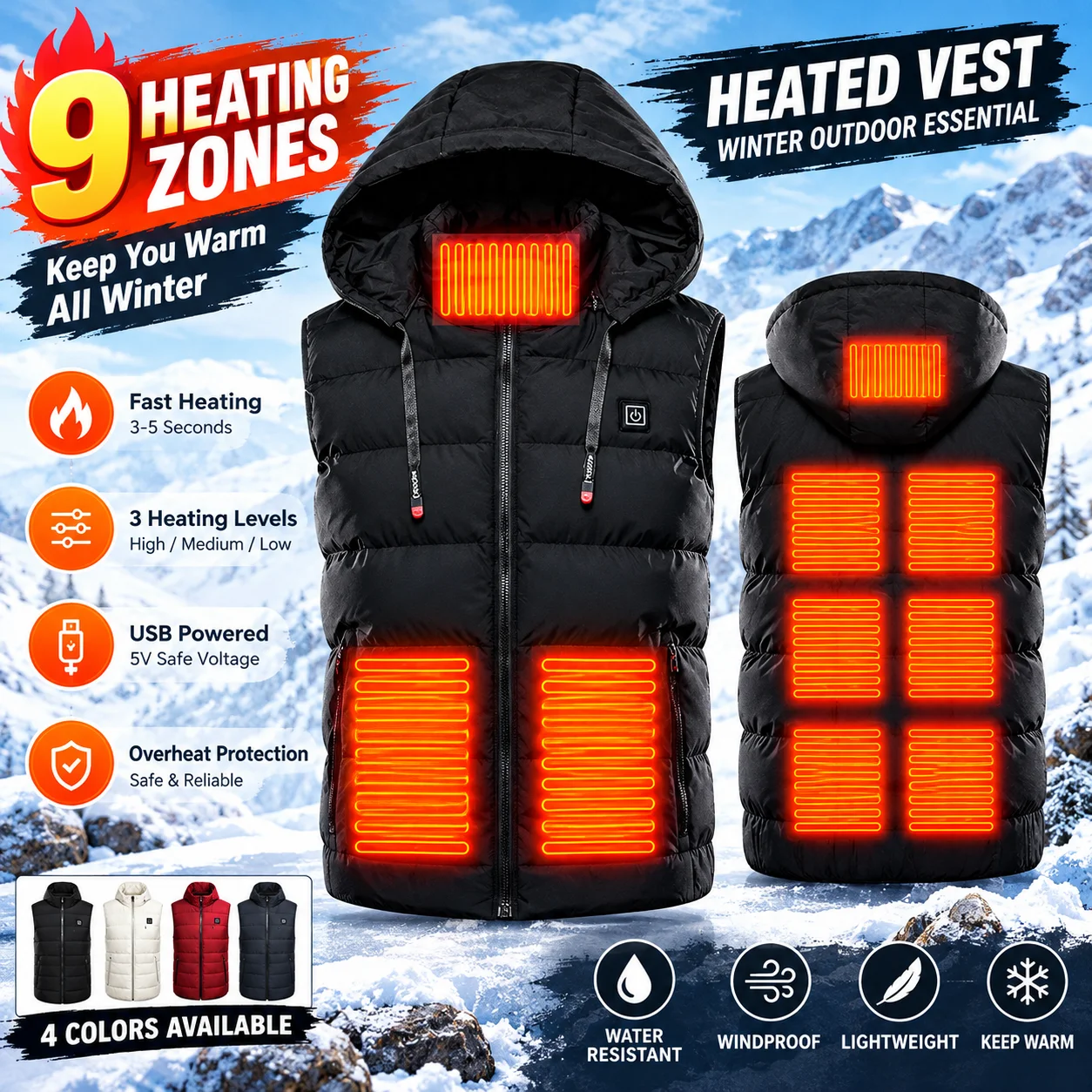 9 Zones Heated Vest with Hood USB Electric Heating Jacket for Men Women Winter Outdoor Hiking Sports Warm Waistcoat Work Vest