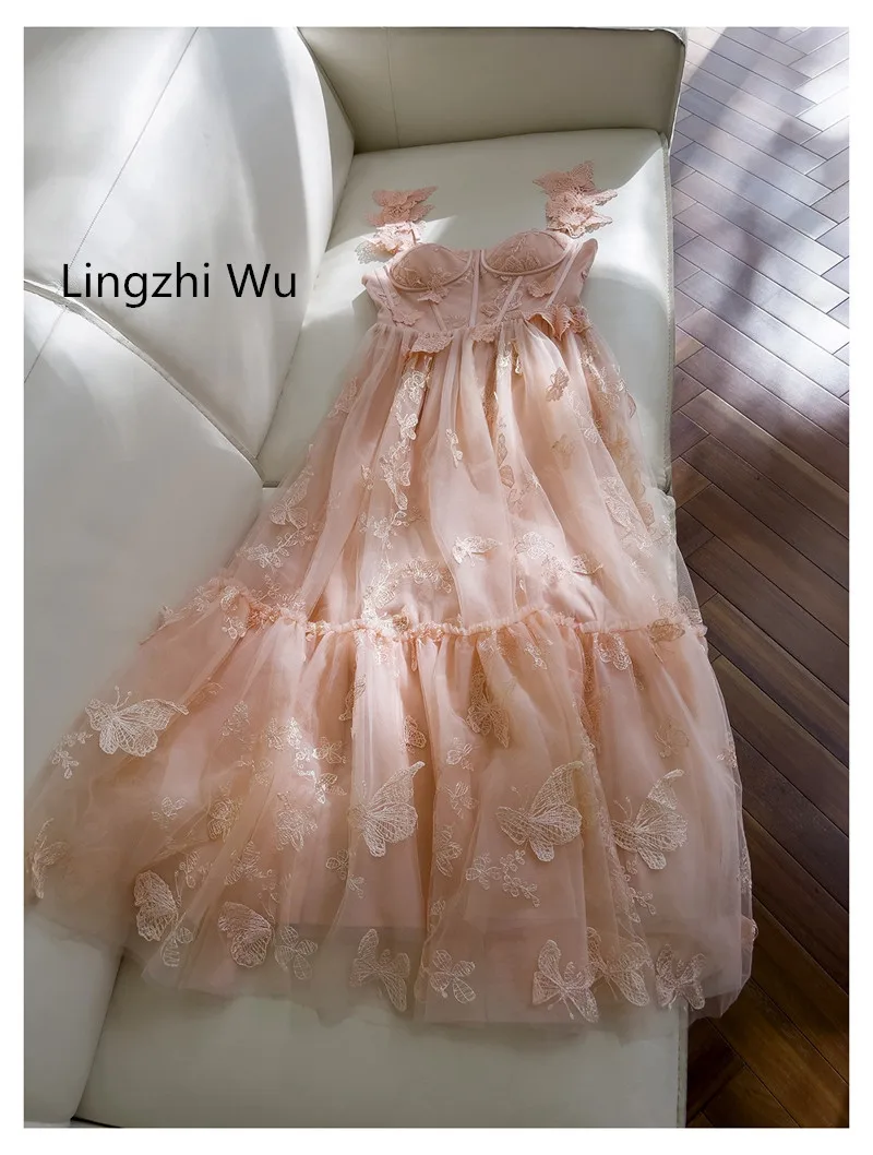 Lingzhi Wu Mesh Embroidery Flower Dress Spaghetti Strap Long Dresses Holiday Female Slim Waist Berry Pink Fairy Sleeveless New