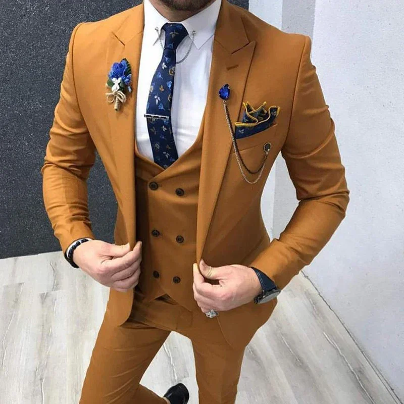 Slim Fit Men Suits Casual Style Brown Male Fashion Wedding Tuxedo For Groomsmen Dinner 3 Piece Jacket With Vest Pants