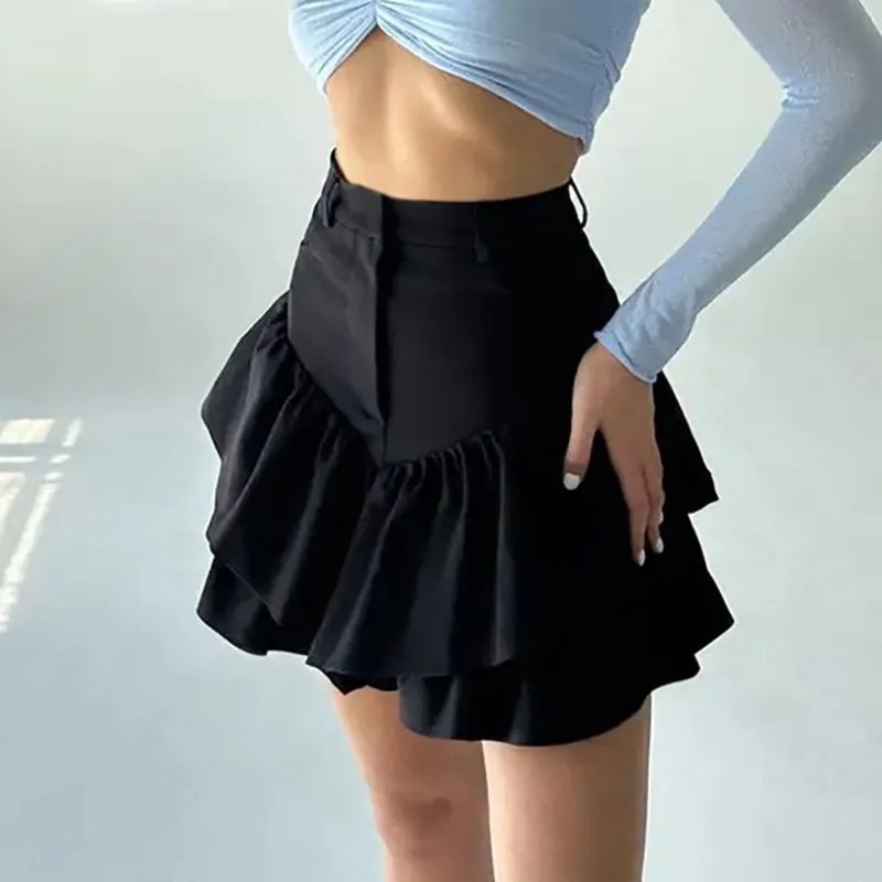 Ruffles Slim High Waist Shorts Skirts Women Black Temperament Splice Casual Street Elegant Skirt Ladies Fashion Folded Design