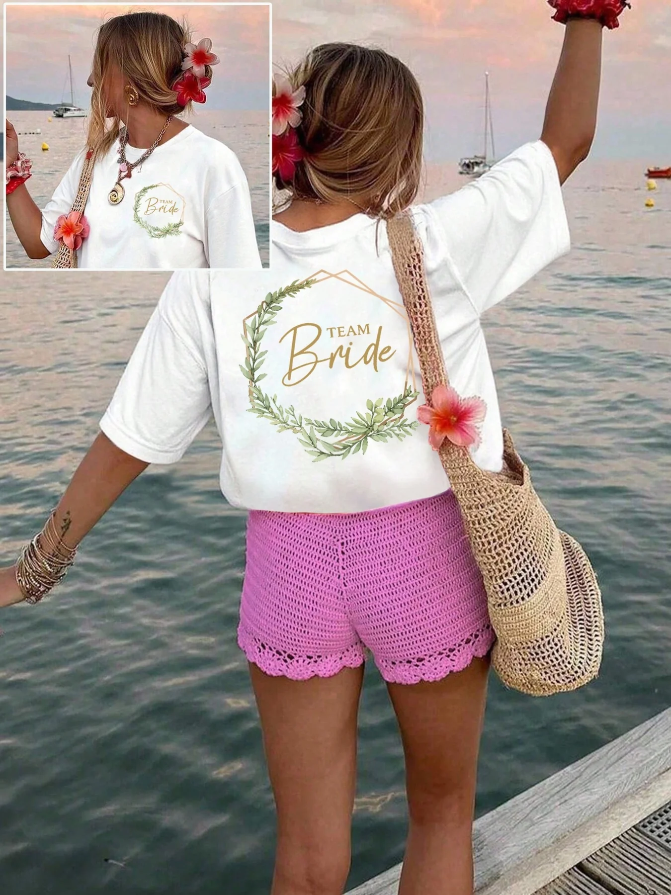 Ladies' Wedding Style Sleeved Bride Bridesmaid Wreath Letter Print Breathable Top Bachelor Party Wedding Outfit Letter Pattern