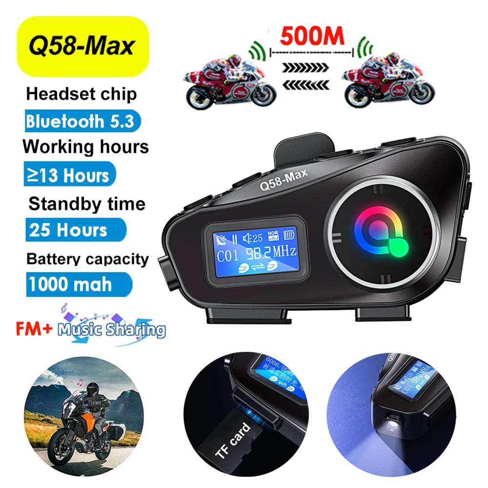 

Bluetooth 5.3 Motorcycle Helmet Intercom 500 Meters LCD Screen Music Sharing TF Card FM Headset Skiing Hands-free Earphone