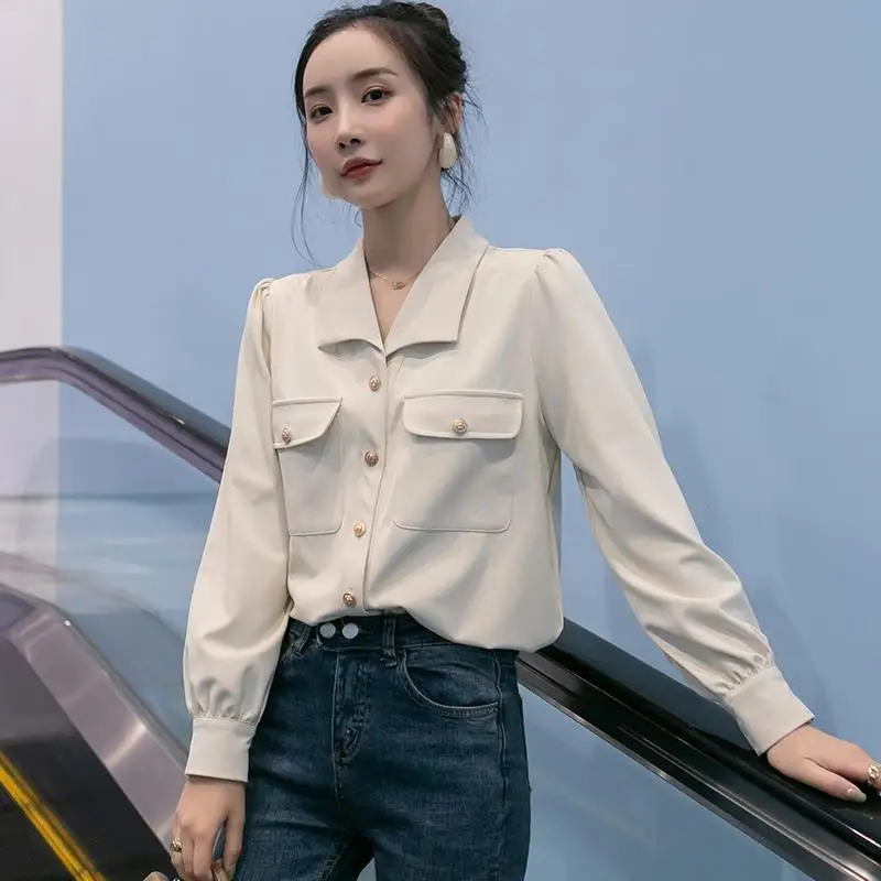 

Женские весенне-осенние модные свободные пуговицы, однотонные рубашки с воротником-поло и длинными рукавами, женские повседневные универсальные офисные женские топы