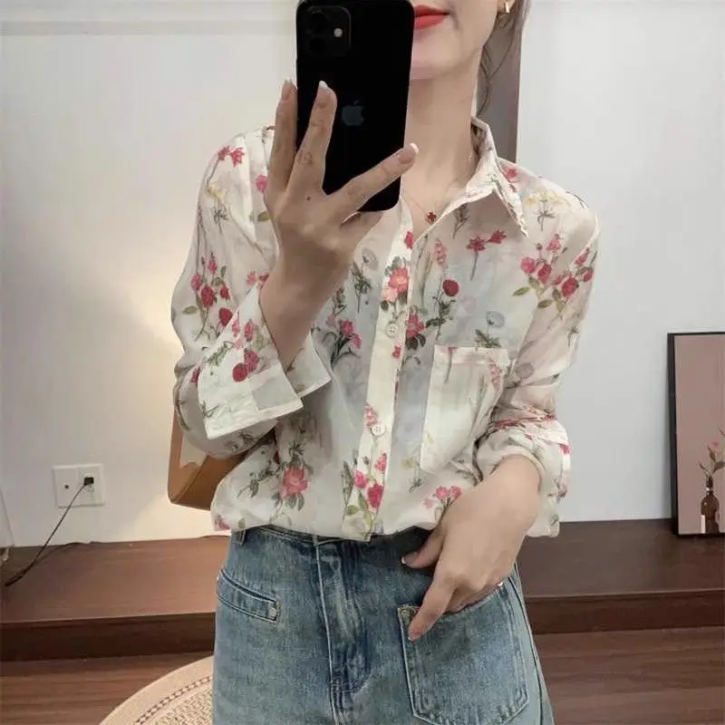 Korean Commute 2024 Spring Summer New Blouses Women\'s Polo Collar Printed Spliced Pockets Loose Casual Long Sleeve Button Shirts