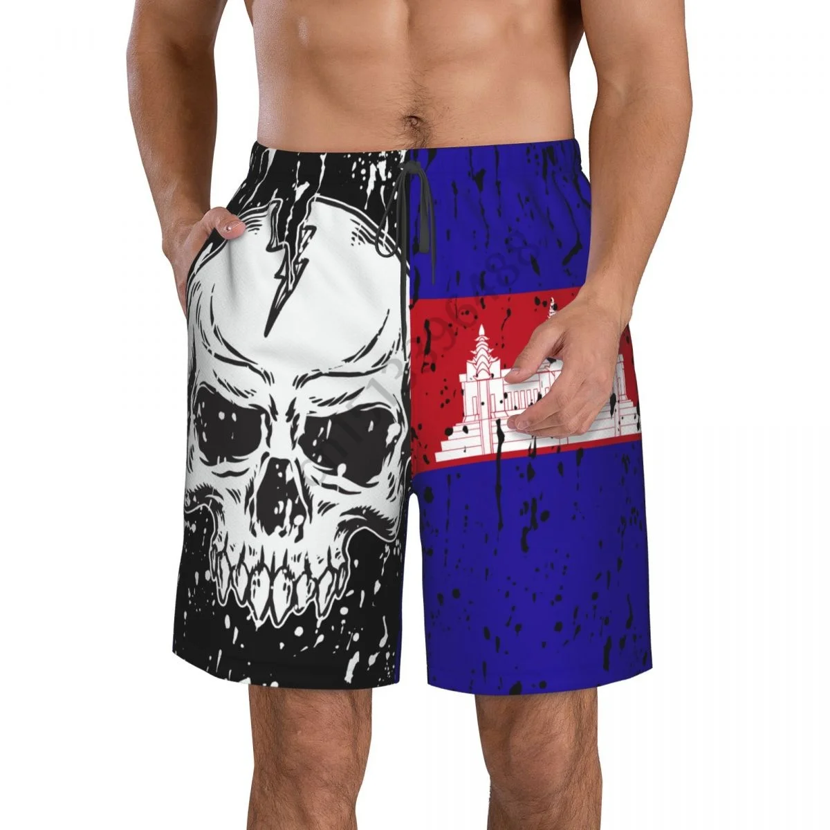 Cambodia Flag Vintage Skull Men's Novelty Swimtrunks Quick Dry 3D Printed Mesh Lining Beach Board Shorts with Pockets