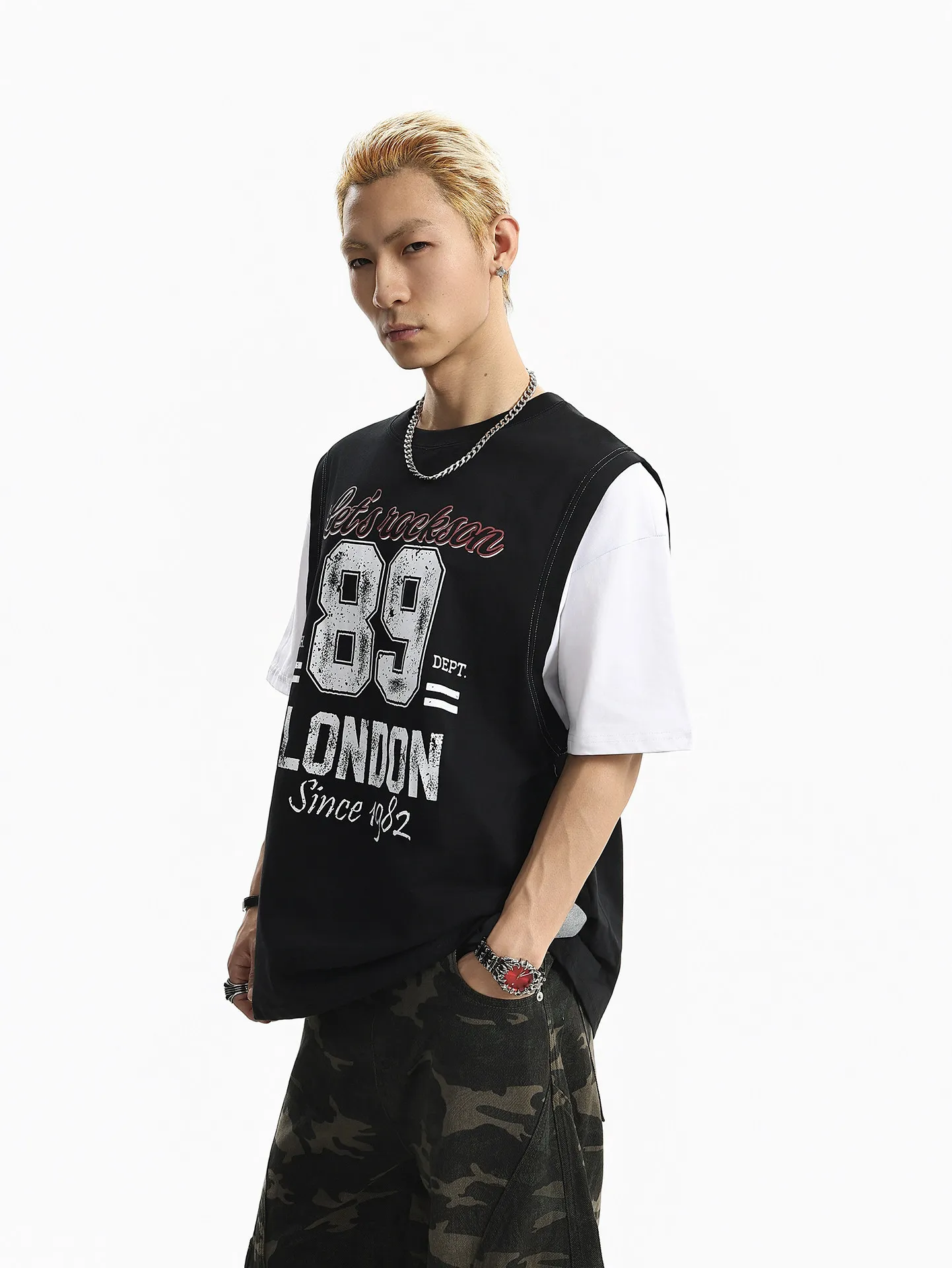 Summer New American High Street Sports Style Men's Black Letter and Number Print Fake Two-piece Round Neck Short-sleeve T-shirt