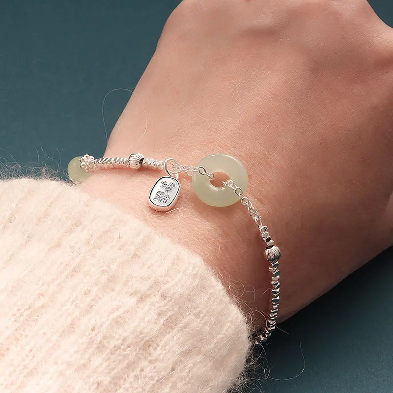 925 Sterling Silver Geometry Bracelet For Women Gift Hotan Jade Hollow Out Peace Buckle Wealth And Fortune Lucky Pendant Jewelry