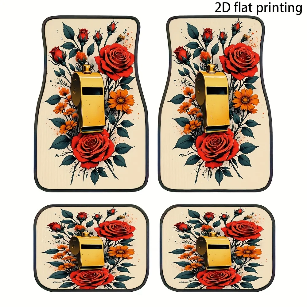 4pcs Rose And Whistle Patterned Car Floor Mats | Polyester, Durable, Universal Fit, Washable, Easy To Clean, Suitable For All Se