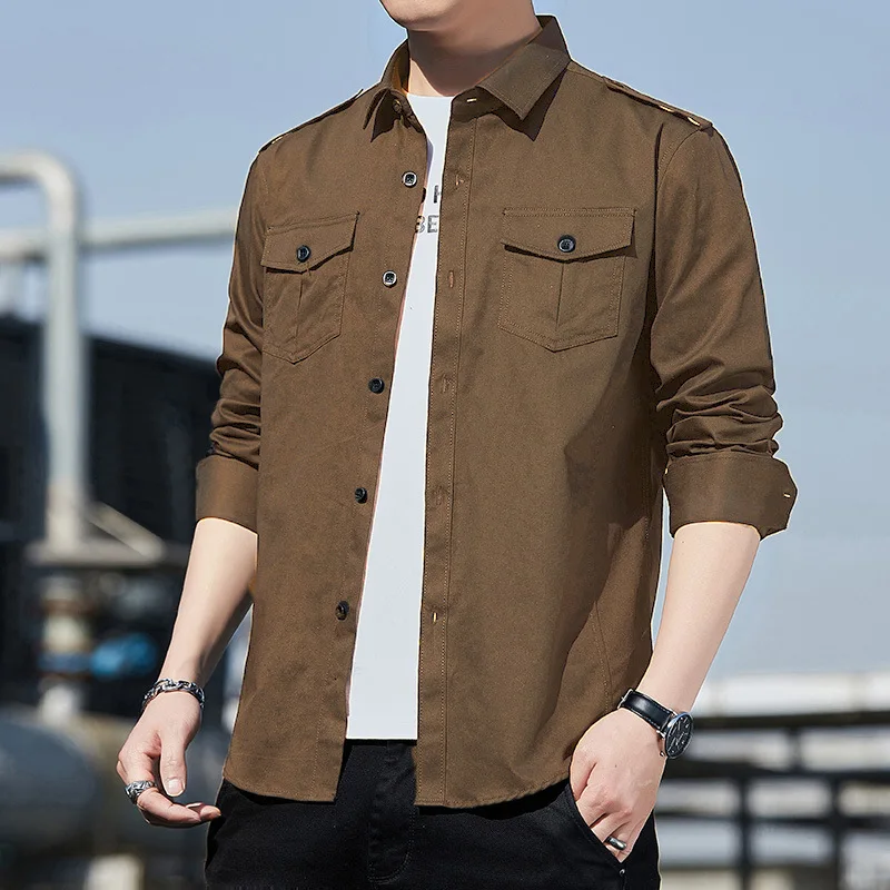 

2024 Men's Military Style New Long Sleeve Slim Shirt Cotton Epaulet Double Pocket Outdoor Casual Shirt