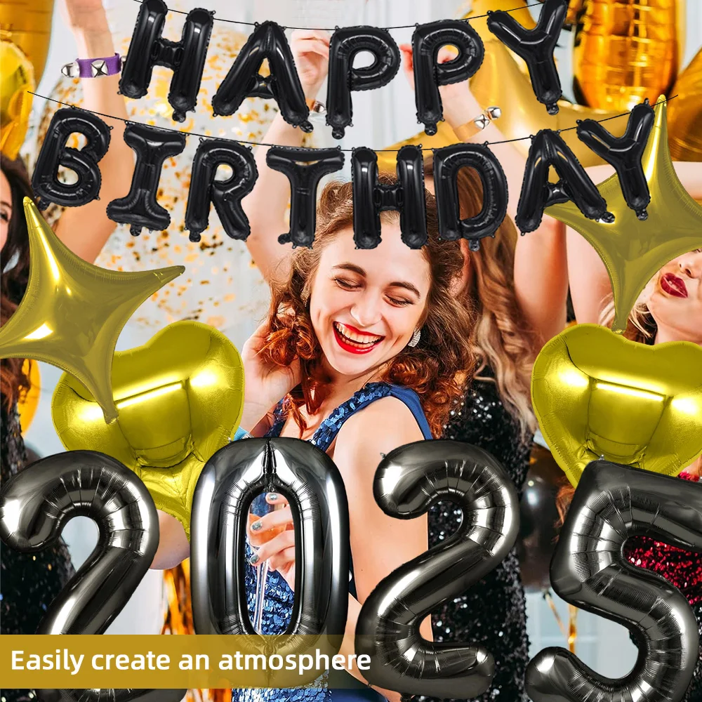 

Black Happy Birthday Balloons Banner Gold Heart Star Foil Helium Balloon Anniversary Party Decor Supplies for Kids and Adults