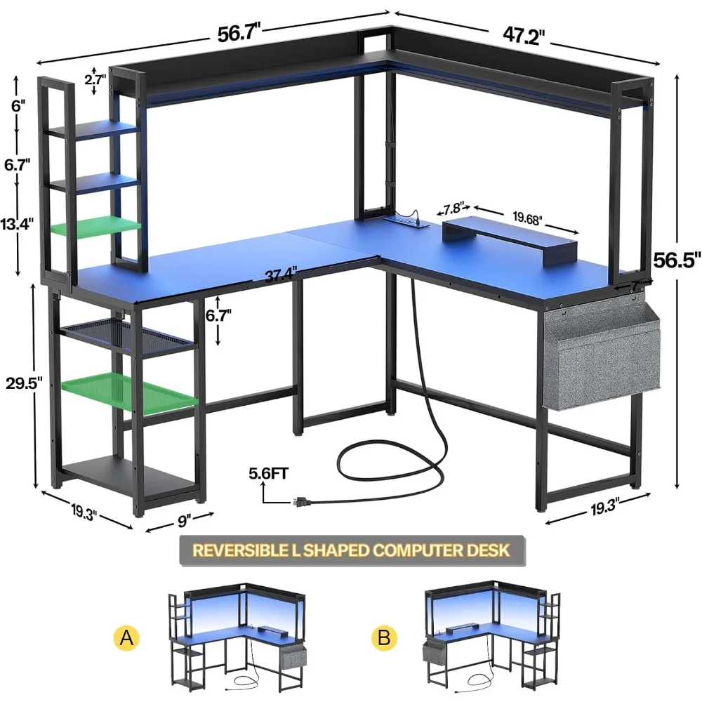 L Shaped Gaming Desk com Power Outlet, Luz LED e Hutch, Desk Home Office reversível