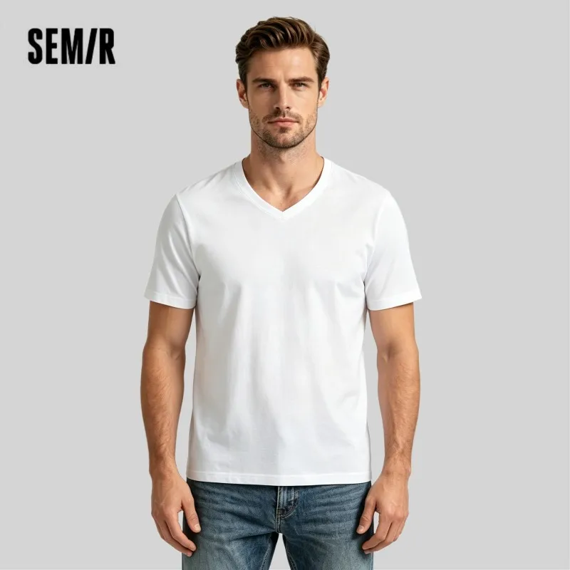 Semir-Camiseta de manga corta para hombre, camiseta ajustada de Color sólido con capa Base de algodón, camiseta blanca con cuello de pico, Top versátil 2025