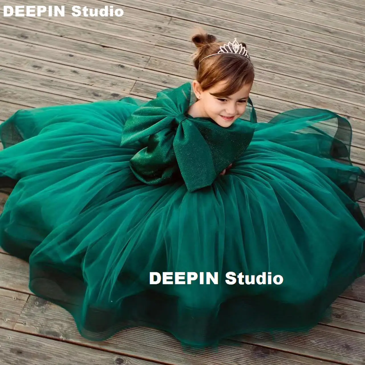 Luxury Advanced Customization Girls Ball party Dress Green Party Dress Tiered Tulle Sleeves Puffy Flower Girl Dress For Weddings