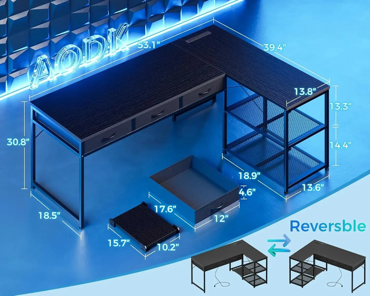 53 Inch L Shaped Computer Desk with Drawers, Corner Desk with Power Outlets & Reversible Storage Shelves