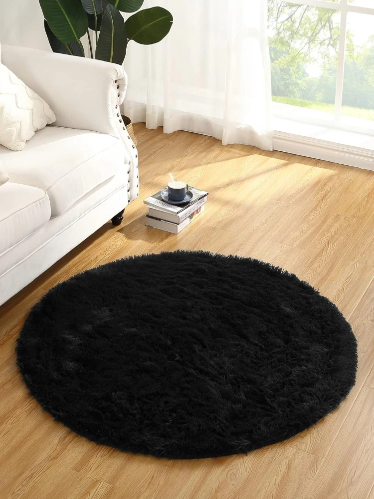 Flauschiger Ultraweicher Batik-Teppich Moderner Luxusteppich Plüsch Flauschiger Teppich Kunstfell Schlafzimmerteppiche Für Wohnzimmer Baby Krabbelteppich, Schwarz 100 x 100 cm Rund