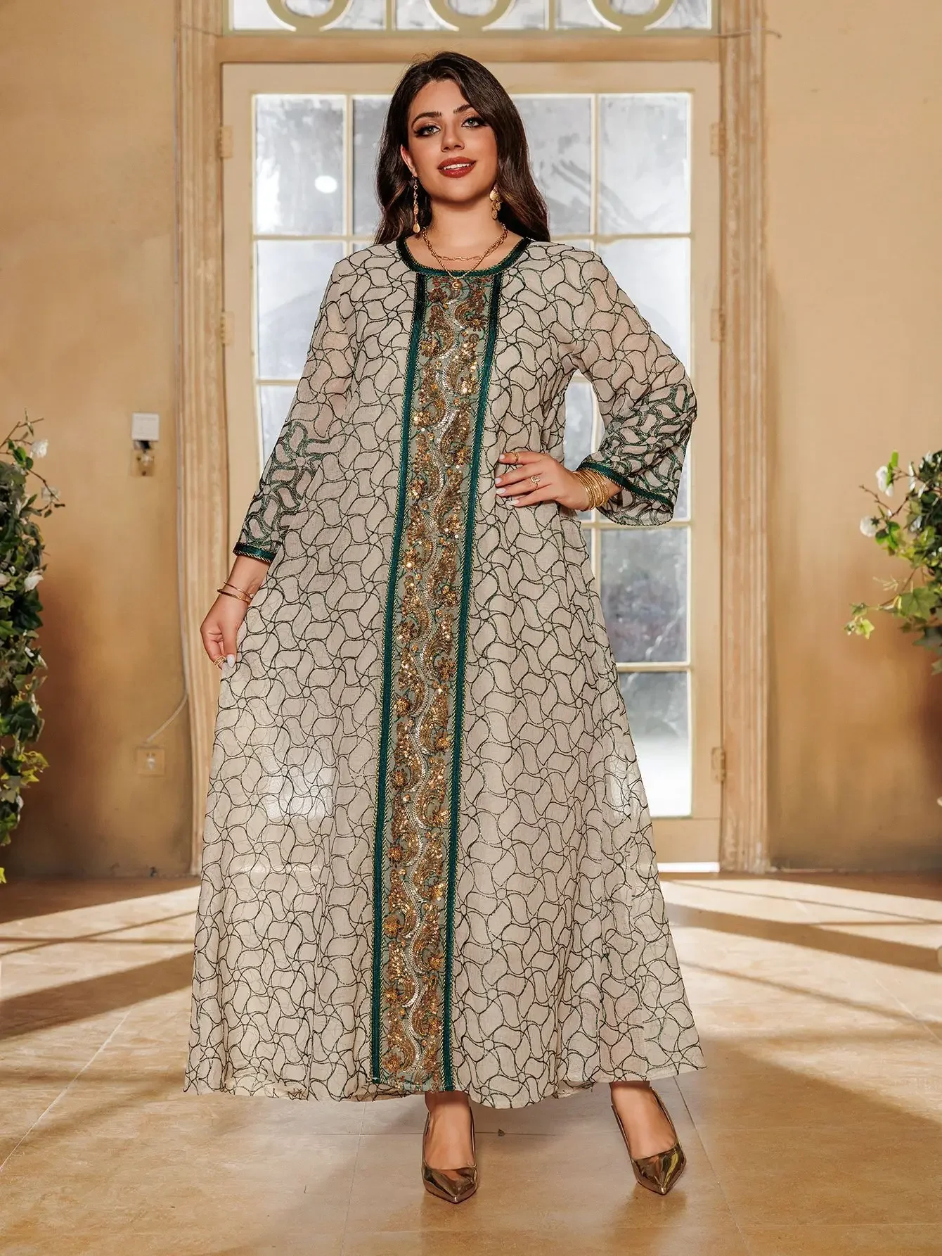 Sequin Embroidery Long Dress Women Summer Elegant Casual Loose Long Skirt Holiday Muslim Sequin Dress Moroccan Jalabiya Ramadan