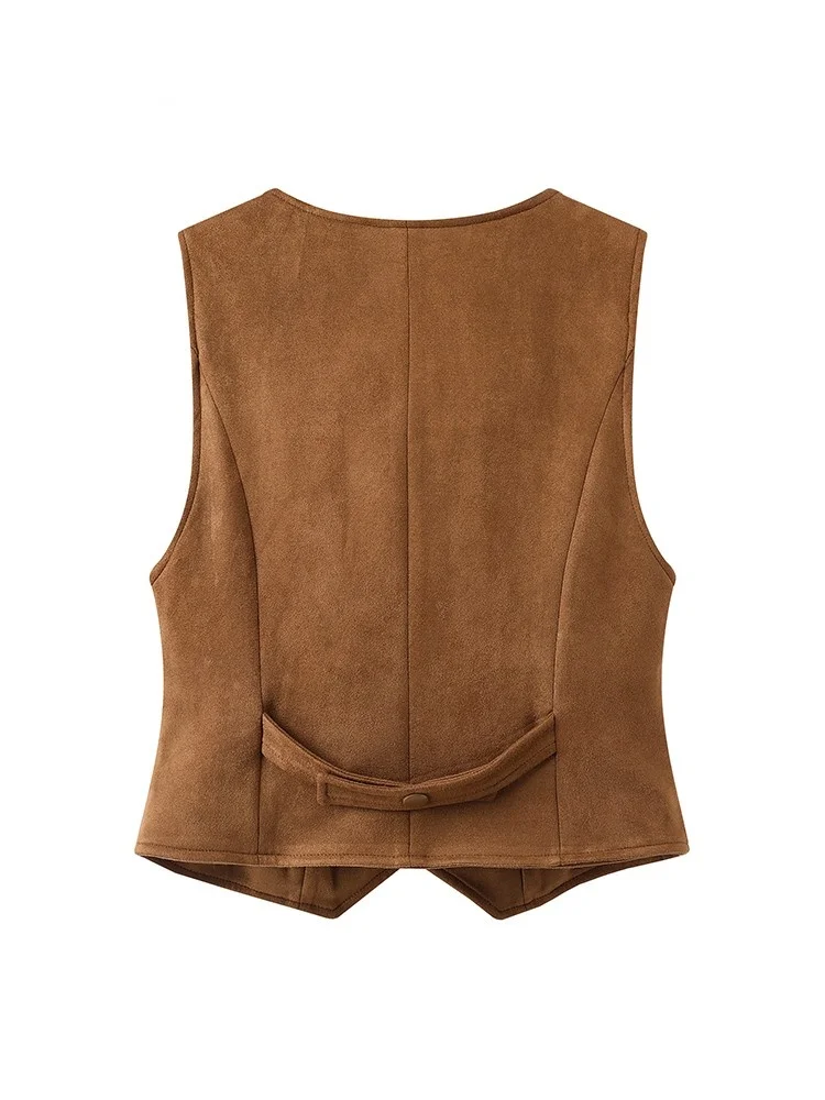 

Замшевый жилет в стиле ретро, женский модный костюм с v-образным вырезом, дэт, многослойный повседневный топ со старыми деньгами и пуговицами спереди