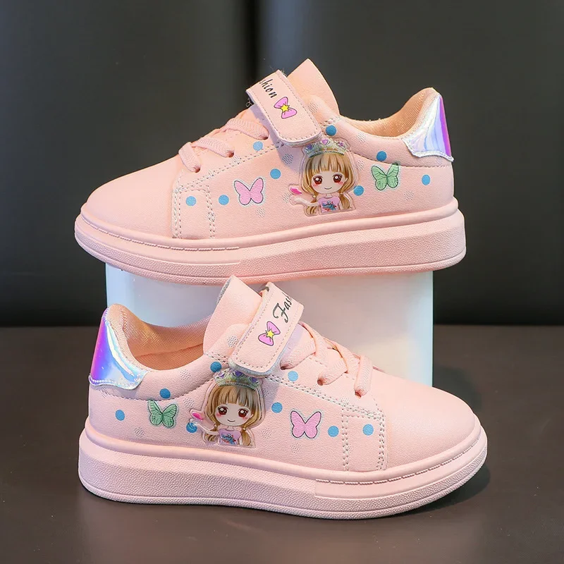 Zapatos blancos pequeños para niños, zapatillas informales con estampado de dibujos animados de estilo coreano para niñas de 3 a 12 años, zapatos de tablero impermeables de cuero PU para estudiantes