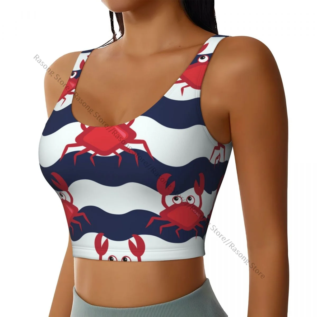 

Yoga Vest Women Gym Sports Crop Tops Nautical Crabs Cute Crabs Striped Background Streetwear Workout Breathable Tank Top Female