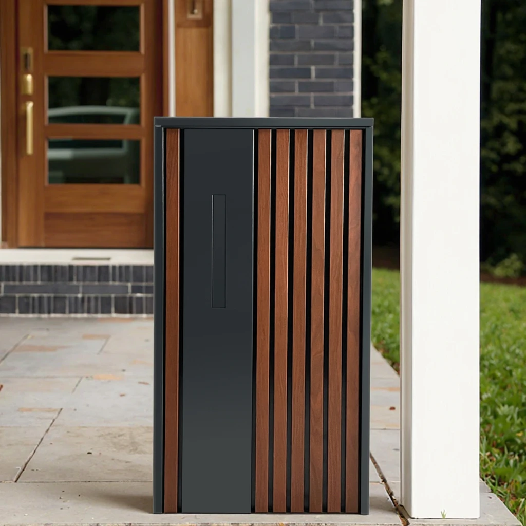 Steel Wood Grain Stripe Pillar Letterbox Anti-Theft Top Lifted Outdoor Parcel Delivery Box for Home Garden