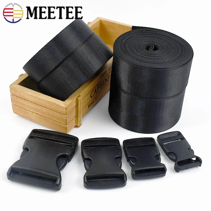 5Set Meetee 20-50mm Nylon Webbing and Black Plastic Release Buckles Bag Strap Adjust Clasp Ribbon Tape DIY Sewing Accessories