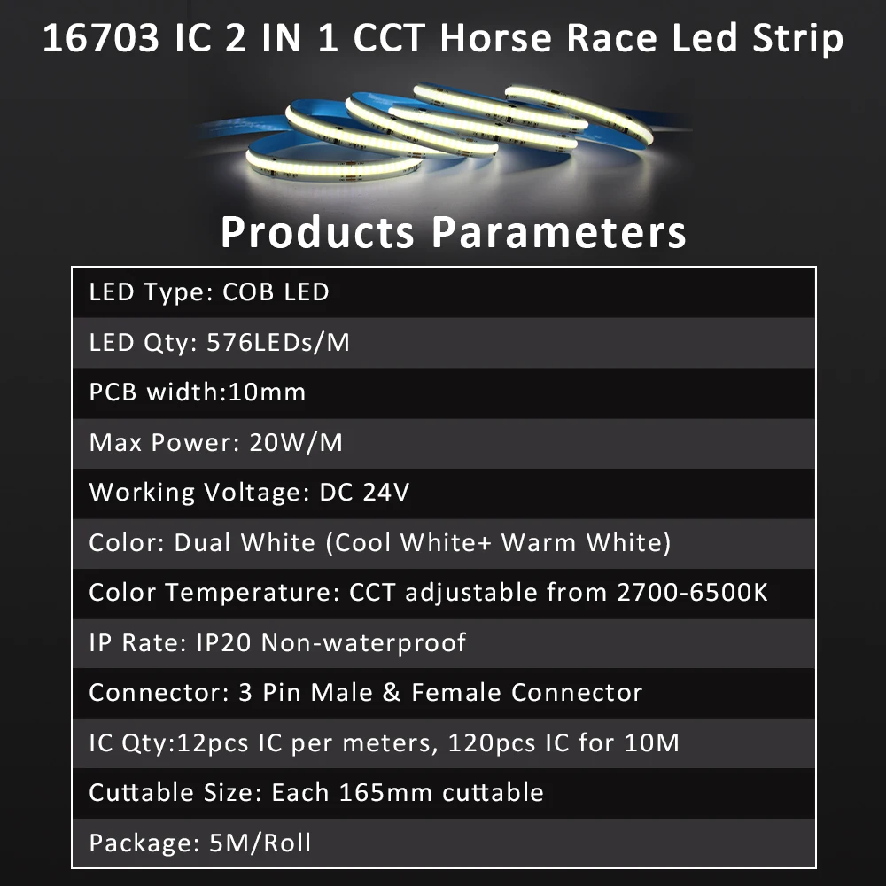 24V DC COB IC LED Running Water Flowing Strip Light CCT 576LEDs/M Flex Ribbon Dual White Horse Race Lamp with Remote Control