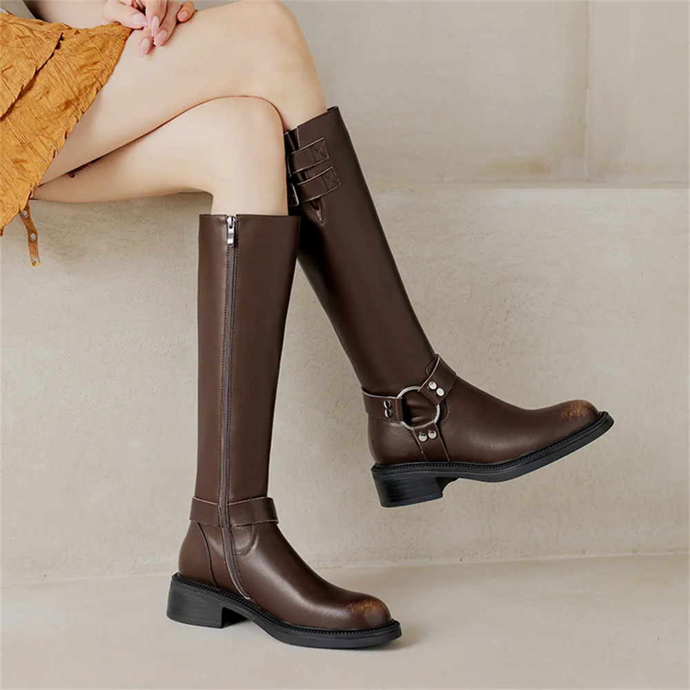 FEDONAS 2024 Kobiety Genuine Leather Knee High Boots Buckles Punk Warm Autumn Winter Shoes Woman Slim Long Motorcycle Boots Shoes