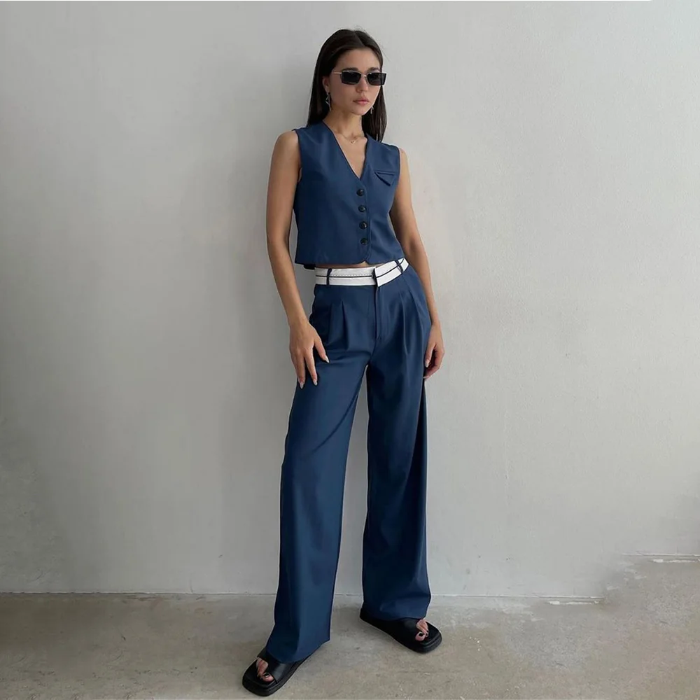 Fashion Blue Office Ladies 2 Piece Pants Suits Women Elegant Sleeveless Single-Breasted Vests High Wasit Patchwork Trousers Set