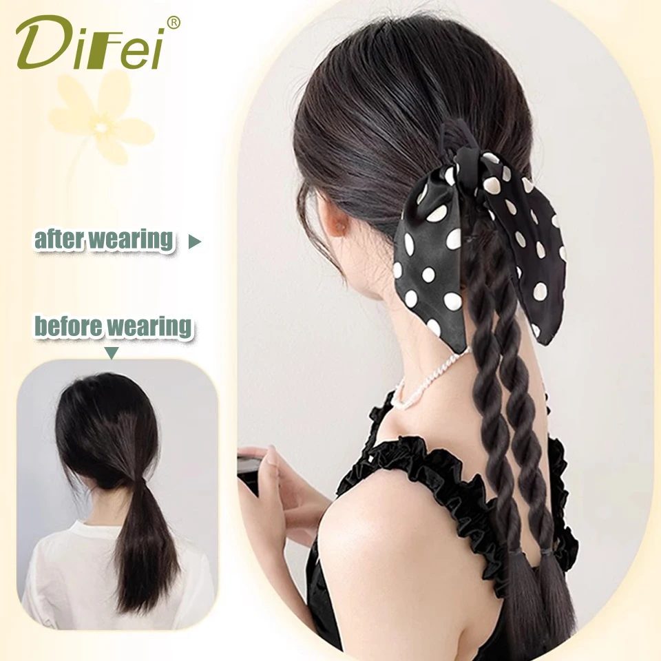 DIFEI Wave-point Bow Braid Ponytail Synthetic Wig Female Exquisite Elegant Wave-point Bow Grab Clip Ponytail Wig