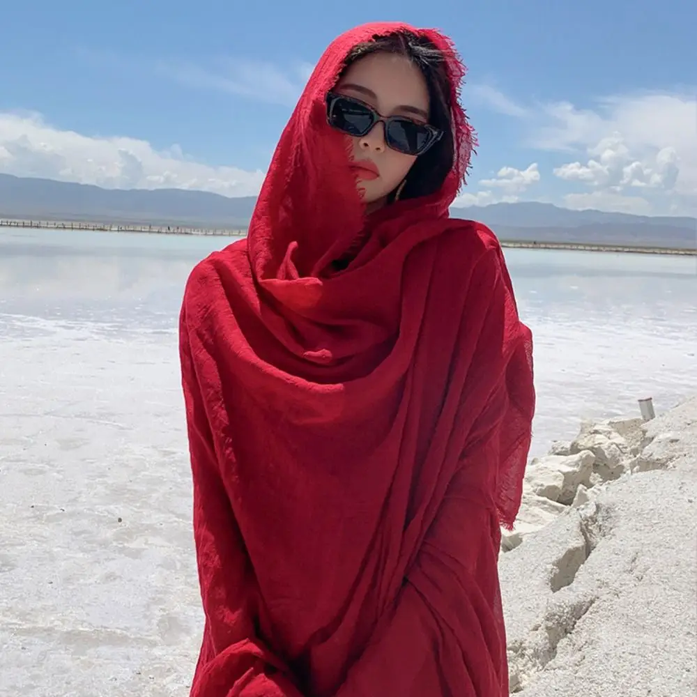 وشاح نسائي طويل من النبيذ الأحمر ، شال من قماش الكتان ، أوشحة طويلة ، أغطية ، وشاح للشاطئ في الهواء الطلق ، أزياء السفر على شاطئ البحر